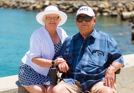 A senior couple looking happy